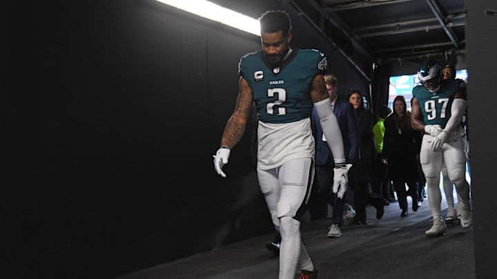 Dec 15, 2024; Philadelphia, Pennsylvania, USA; Philadelphia Eagles cornerback Darius Slay Jr. (2) in the tunnel against the Pittsburgh Steelers at Lincoln Financial Field. Mandatory Credit: Eric Hartline-Imagn Images