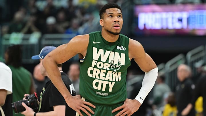 Apr 27, 2025; Milwaukee, Wisconsin, USA: Milwaukee Bucks forward Giannis Antetokounmpo (34) gets ready to play Indiana Pacers during game four of first round for the 2024 NBA Playoffs at Fiserv Forum. Mandatory Credit: Benny Sieu-Imagn Images