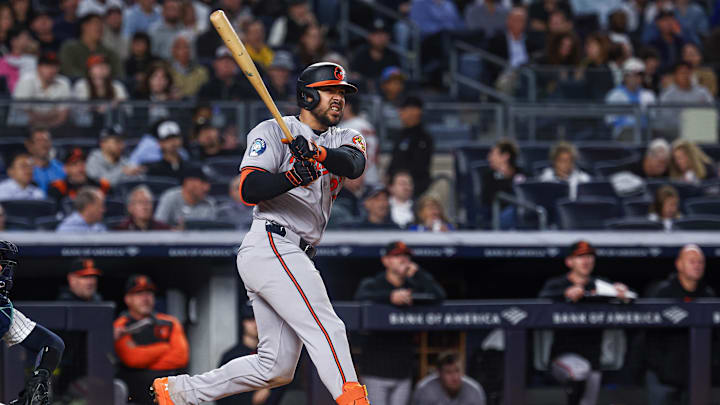 Sep 24, 2024; Bronx, New York, USA; Baltimore Orioles right fielder Anthony Santander (25) hits a solo home run during the sixth inning against the New York Yankees at Yankee Stadium. Mandatory Credit: Vincent Carchietta-Imagn Images