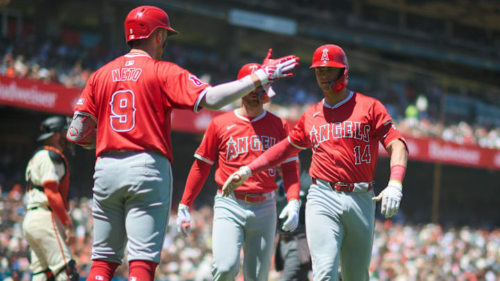 Jun 15, 2024; San Francisco, California, USA; Los Angeles Angels catcher Logan O'Hoppe (14) shakes hands with infielder Zach Neto (9) after hitting a two run home run against the San Francisco Giants during the sixth inning at Oracle Park. Mandatory Credit: Robert Edwards-Imagn Images Jun 15, 2024; San Francisco, California, USA; Los Angeles Angels catcher Logan O'Hoppe (14) shakes hands with infielder Zach Neto (9) after hitting a two run home run against the San Francisco Giants during the sixth inning at Oracle Park. Mandatory Credit: Robert Edwards-Imagn Images