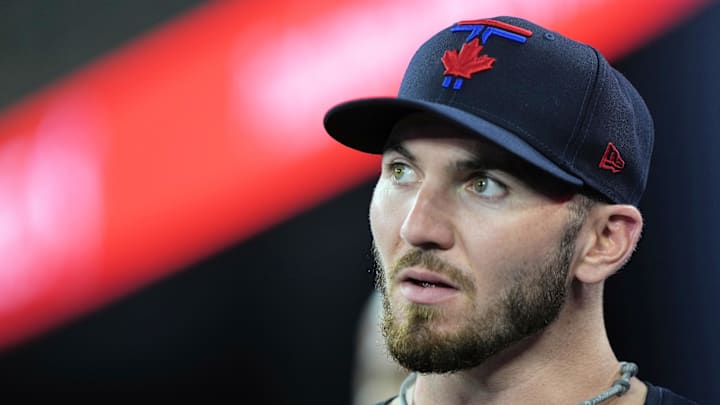 Sep 9, 2024; Toronto, Ontario, CAN; Toronto Blue Jays first baseman Spencer Horwitz (48) looks up at the scoreboard during the first inning against the New York Mets at Rogers Centre. Mandatory Credit: John E. Sokolowski-Imagn Images
