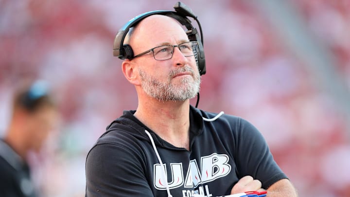 Sep 14, 2024; Fayetteville, Arkansas, USA; UAB Blazers head coach Trent Dilfer in the third quarter against the Arkansas Razorbacks at Donald W. Reynolds Razorback Stadium. Arkansas won 37-27. 