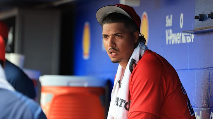 Mar 2, 2026; Dunedin, Florida, USA;  Boston Red Sox starting pitcher Johan Oviedo (29) looks on in the dugout during the first inning against the Toronto Blue Jays at TD Ballpark. Mandatory Credit: Kim Klement Neitzel-Imagn Images

