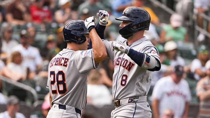 Houston Astros first baseman Christian Walker celebrates with center fielder Lucas Spence after hitting a home run against the Athletics during the sixth inning at Sutter Health Park. Mandatory Credit: Ed Szczepanski-Imagn Images Houston Astros first baseman Christian Walker celebrates with center fielder Lucas Spence after hitting a home run against the Athletics during the sixth inning at Sutter Health Park. Mandatory Credit: Ed Szczepanski-Imagn Images