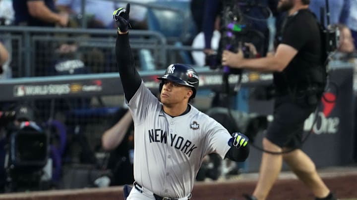 New York Yankees outfielder Juan Soto celebrates after hitting a home run during Game 2 of the World Series on Oct. 26 against the Los Angeles Dodgers at Dodger Stadium.