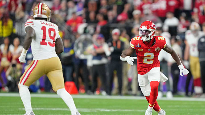 Feb 11, 2024; Paradise, Nevada, USA; Kansas City Chiefs cornerback Joshua Williams (2) looks on against the San Francisco 49ers during the second quarter of Super Bowl LVIII at Allegiant Stadium. Mandatory Credit: Kirby Lee-USA TODAY Sports