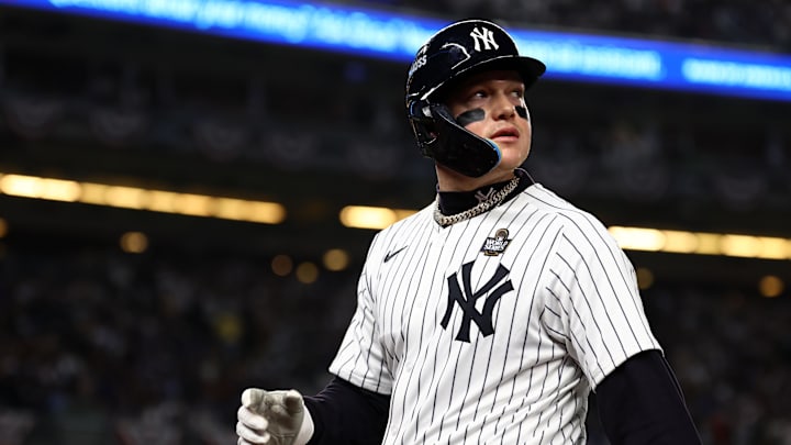 Oct 29, 2024; Bronx, New York, USA; New York Yankees outfielder Alex Verdugo (24) reacts after hitting a sacrifice RBI against the Los Angeles Dodgers in the second inning during game four of the 2024 MLB World Series at Yankee Stadium. Mandatory Credit: Vincent Carchietta-Imagn Images