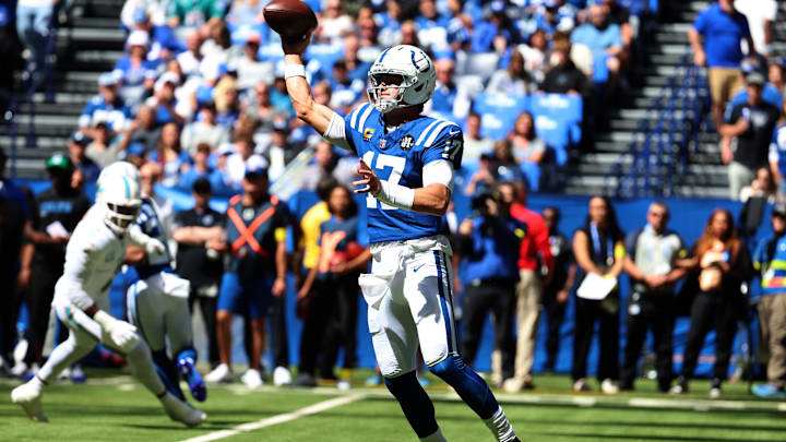 Sep 7, 2025; Indianapolis, Indiana, USA; Indianapolis Colts quarterback Daniel Jones (17) throws during the first quarter against the Miami Dolphins at Lucas Oil Stadium. Mandatory Credit: Trevor Ruszkowski-Imagn Images Sep 7, 2025; Indianapolis, Indiana, USA; Indianapolis Colts quarterback Daniel Jones (17) throws during the first quarter against the Miami Dolphins at Lucas Oil Stadium. Mandatory Credit: Trevor Ruszkowski-Imagn Images