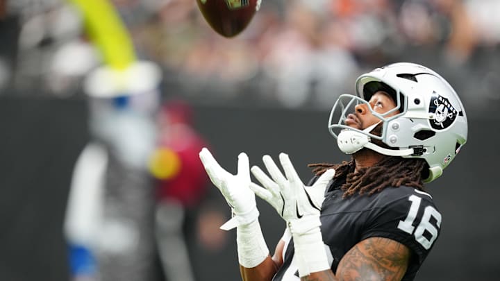 Sep 28, 2025; Paradise, Nevada, USA; Las Vegas Raiders wide receiver Jakobi Meyers (16) warms up prior to the game against the Chicago Bears at Allegiant Stadium. Mandatory Credit: Stephen R. Sylvanie-Imagn Images