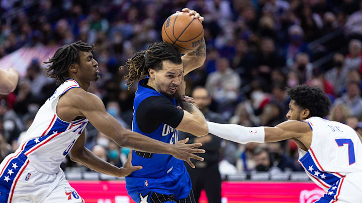 Jan 19, 2022; Philadelphia, Pennsylvania, USA; Orlando Magic guard Cole Anthony (50) looses control Jan 19, 2022; Philadelphia, Pennsylvania, USA; Orlando Magic guard Cole Anthony (50) looses control