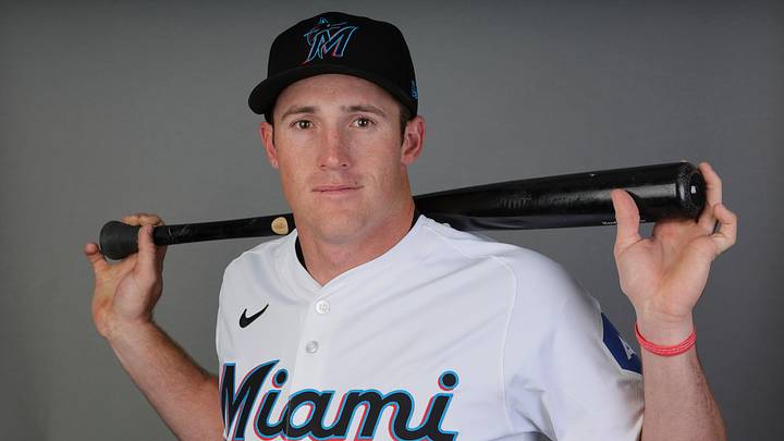 Feb 22, 2024; Jupiter, FL, USA; Miami Marlins infielder Jacob Berry (82) poses for a photo during photo day at the Marlins Player Development & Scouting Complex, Mandatory Credit: Sam Navarro-USA TODAY Sports Feb 22, 2024; Jupiter, FL, USA; Miami Marlins infielder Jacob Berry (82) poses for a photo during photo day at the Marlins Player Development & Scouting Complex, Mandatory Credit: Sam Navarro-USA TODAY Sports