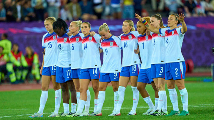 England's Lionesses line up before a penalty shootout against Sweden in the quarterfinal of the 2025 Women's Euros at Stadion Letzigrund in Zurich, Switzerland. 