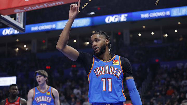 Jan 27, 2026; Oklahoma City, Oklahoma, USA; Oklahoma City Thunder guard Isaiah Joe (11) gestures after a play against the New Orleans Pelicans during the second quarter at Paycom Center. Mandatory Credit: Alonzo Adams-Imagn Images
