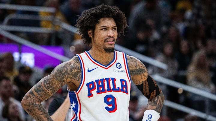 Jan 18, 2025; Indianapolis, Indiana, USA; Philadelphia 76ers guard Kelly Oubre Jr. (9) in the first half against the Indiana Pacers at Gainbridge Fieldhouse. Mandatory Credit: Trevor Ruszkowski-Imagn Images