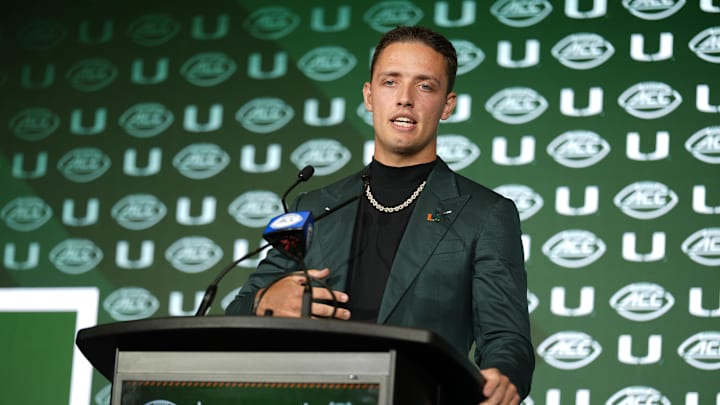 Jul 22, 2025; Charlotte, NC, USA; Miami quarterback Carson Beck answers questions from the media during ACC Media Days at Hilton Charlotte Uptown. Mandatory Credit: Jim Dedmon-Imagn Images
