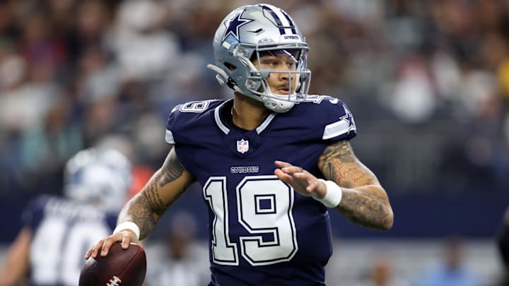 Dallas Cowboys quarterback Trey Lance throws a pass against the Washington Commanders. Dallas Cowboys quarterback Trey Lance throws a pass against the Washington Commanders.