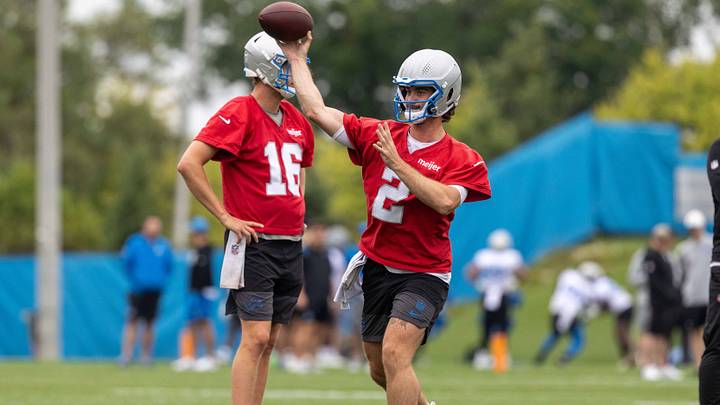 Aug 2, 2026; Allen Park, MI, USA; Detroit Lions quarterback Luke Altmyer (2) throws a pass during Detroit Lions training camp at Meijer Performance Center. Mandatory Credit: Paul Barnick-Imagn Images