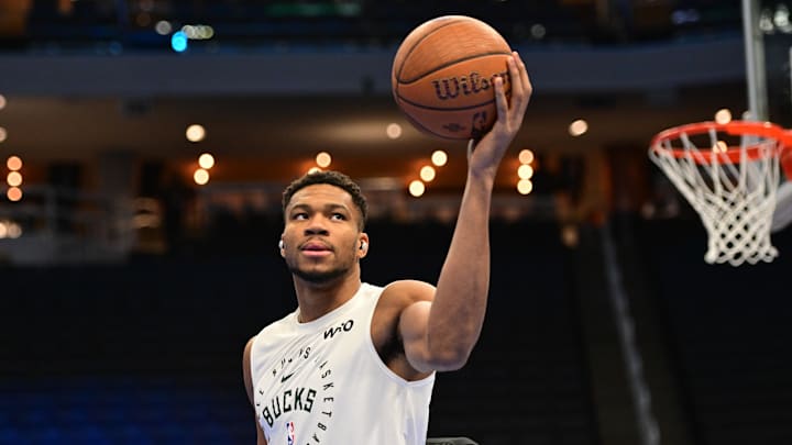 Dec 10, 2024; Milwaukee, Wisconsin, USA; Milwaukee Bucks forward Giannis Antetokounmpo (34) warms up before game against the Orlando Magic at Fiserv Forum. Mandatory Credit: Benny Sieu-Imagn Images