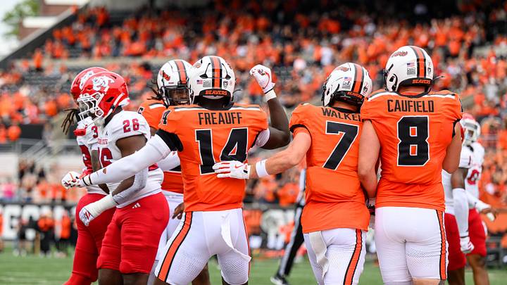 Sep 6, 2025; Corvallis, Oregon, USA; Oregon State Beavers wide receiver Eddie Freauff (14) celebrates a touchdown reception with wide receiver Trent Walker (7) and tight end Bryce Caufield (8) during the first quarter against the Fresno State Bulldogsat Reser Stadium. Mandatory Credit: Craig Strobeck-Imagn Images Sep 6, 2025; Corvallis, Oregon, USA; Oregon State Beavers wide receiver Eddie Freauff (14) celebrates a touchdown reception with wide receiver Trent Walker (7) and tight end Bryce Caufield (8) during the first quarter against the Fresno State Bulldogsat Reser Stadium. Mandatory Credit: Craig Strobeck-Imagn Images