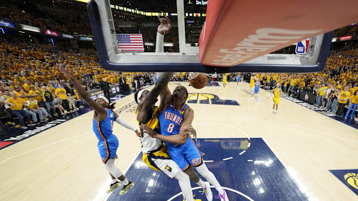 Jun 19, 2025; Indianapolis, Indiana, USA; Indiana Pacers forward Pascal Siakam (43) dunks over Oklahoma City Thunder forward Jalen Williams (8) during the first half of game six of the 2025 NBA Finals between the Oklahoma City Thunder and the Indiana Pacers at Gainbridge Fieldhouse. Mandatory Credit: Kyle Terada-Imagn Images Jun 19, 2025; Indianapolis, Indiana, USA; Indiana Pacers forward Pascal Siakam (43) dunks over Oklahoma City Thunder forward Jalen Williams (8) during the first half of game six of the 2025 NBA Finals between the Oklahoma City Thunder and the Indiana Pacers at Gainbridge Fieldhouse. Mandatory Credit: Kyle Terada-Imagn Images