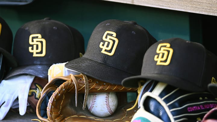 May 24, 2023; Washington, District of Columbia, USA; San Diego Padres hats in the dugout during the game against the Washington Nationals at Nationals Park. Mandatory Credit: Brad Mills-Imagn Images