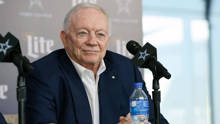 Jan 27, 2025; Frisco, TX, USA;   Dallas Cowboys owner Jerry Jones speaks to the media at a press conference at the Star.  Mandatory Credit: Tim Heitman-Imagn Images