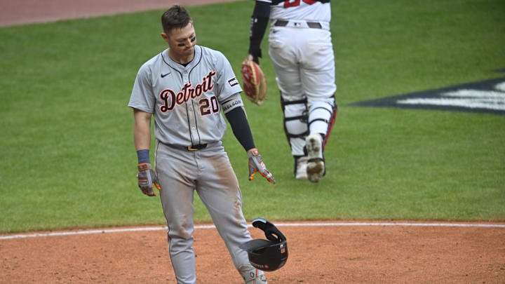 Oct 12, 2024; Cleveland, Ohio, USA; Detroit Tigers first base Spencer Torkelson (20) reacts in the seventh inning against the Cleveland Guardians during game five of the ALDS for the 2024 MLB Playoffs at Progressive Field. Oct 12, 2024; Cleveland, Ohio, USA; Detroit Tigers first base Spencer Torkelson (20) reacts in the seventh inning against the Cleveland Guardians during game five of the ALDS for the 2024 MLB Playoffs at Progressive Field.