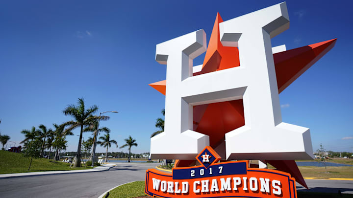 Mar 18, 2018; West Palm Beach, FL, USA; A view of the Houston Astros logo statue with the addition of the 2017 World Champions sign at The Ballpark of the Palm Beaches prior to the spring training game between the Atlanta Braves and Houston Astros. Mandatory Credit: Jasen Vinlove-Imagn Images Mar 18, 2018; West Palm Beach, FL, USA; A view of the Houston Astros logo statue with the addition of the 2017 World Champions sign at The Ballpark of the Palm Beaches prior to the spring training game between the Atlanta Braves and Houston Astros. Mandatory Credit: Jasen Vinlove-Imagn Images