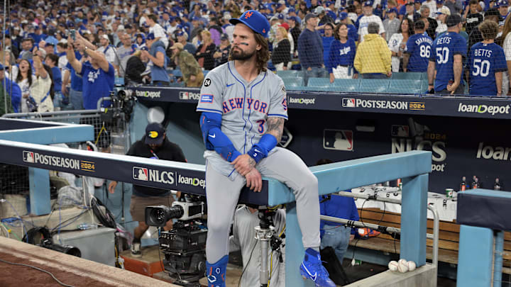Oct 20, 2024; Los Angeles, California, USA; New York Mets outfielder Jesse Winker (3) reacts after the loss against the Los Angeles Dodgers in game six of the NLCS for the 2024 MLB playoffs to advance to the World Series at Dodger Stadium. Oct 20, 2024; Los Angeles, California, USA; New York Mets outfielder Jesse Winker (3) reacts after the loss against the Los Angeles Dodgers in game six of the NLCS for the 2024 MLB playoffs to advance to the World Series at Dodger Stadium.