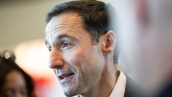 Nov 10, 2023: Cleveland Guardians president of baseball operations Chris Antonetti talks to the media during an introductory press conference for new manager Stephen Vogt at Progressive Field. Nov 10, 2023: Cleveland Guardians president of baseball operations Chris Antonetti talks to the media during an introductory press conference for new manager Stephen Vogt at Progressive Field.