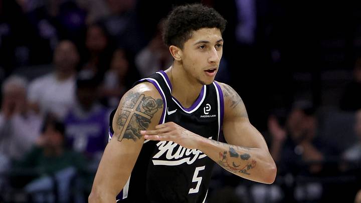 Feb 7, 2026; Sacramento, California, USA; Sacramento Kings guard Nique Clifford (5) reacts after making a three-point basket against the Cleveland Cavaliers during the third quarter at Golden 1 Center. Mandatory Credit: Dennis Lee-Imagn Images