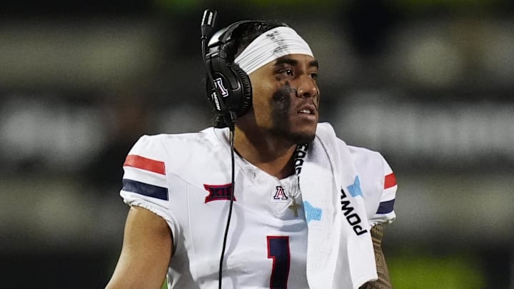 Nov 1, 2025; Boulder, Colorado, USA; Arizona Wildcats quarterback Noah Fifita (1) reacts after a Colorado Buffaloes turnover in the second half at Folsom Field. Mandatory Credit: Ron Chenoy-Imagn Images