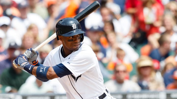 Detroit Tigers center fielder Austin Jackson (14) at bat. Detroit Tigers center fielder Austin Jackson (14) at bat.