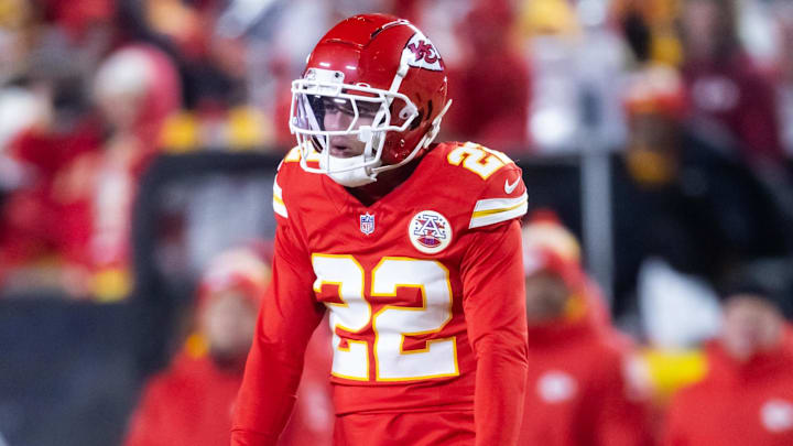 Jan 26, 2025; Kansas City, MO, USA; Kansas City Chiefs cornerback Trent McDuffie (22) against the Buffalo Bills in the AFC Championship game at GEHA Field at Arrowhead Stadium. Mandatory Credit: Mark J. Rebilas-Imagn Images Jan 26, 2025; Kansas City, MO, USA; Kansas City Chiefs cornerback Trent McDuffie (22) against the Buffalo Bills in the AFC Championship game at GEHA Field at Arrowhead Stadium. Mandatory Credit: Mark J. Rebilas-Imagn Images