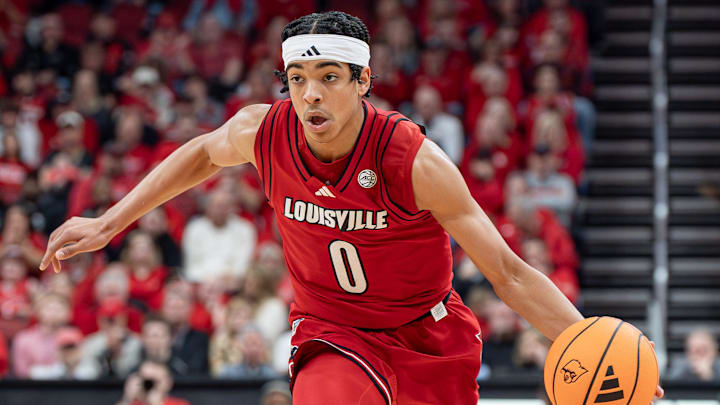 Louisville Cardinals guard Mikel Brown Jr. (0) drives to the basket as the Louisville Cardinals host the Georgia Tech Yellow Jackets in an NCAA basketball game at the KFC Yum! Center, Saturday, Feb. 21, 2026, in Louisville.