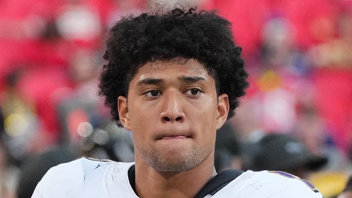 Sep 28, 2025; Kansas City, Missouri, USA; Baltimore Ravens safety Kyle Hamilton (14) on the sidelines against the Baltimore Ravens during the game at GEHA Field at Arrowhead Stadium. Mandatory Credit: Denny Medley-Imagn Images