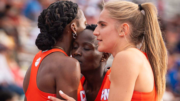 The Clemson sprint medley relay celebrate their win in the event on the third day of the 96th annual Clyde Littlefield Texas Relays, Friday March 29, 2024 in Austin at Mike A. Meyers Track and Soccer Stadium.