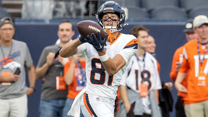 August 29, 2026, Denver, Colorado, USA: Broncos WR KOLBE KATSIS catches a pass during warm-up before the 1st. Half at Empower Field at Mile High Friday evening. Broncos beat the Vikings 34-6 in Pre-Season play. 