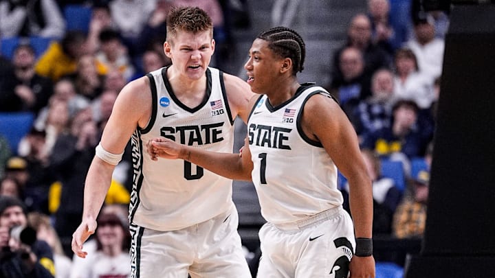 Michigan State forward Jaxon Kohler (0) celebrates a 3-pointer against Louisville with guard Jeremy Fears Jr. (1) during the second half of NCAA Tournament Second Round at KeyBank Center in Buffalo on Saturday, March 21, 2026.