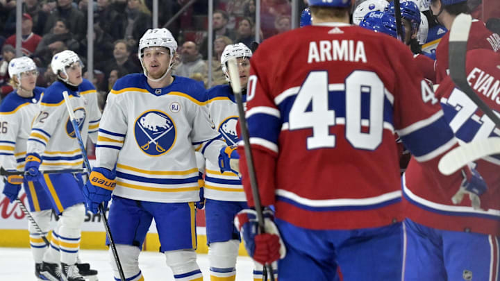 Jan 4, 2024; Montreal, Quebec, CAN; Buffalo Sabres forward Casey Mittelstadt (37) celebrates with