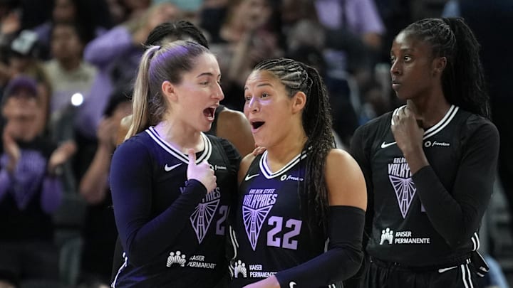 Aug 31, 2025; San Francisco, California, USA; Golden State Valkyries guards Kate Martin (center left) and Veronica Burton (22) talk during the fourth quarter against the Indiana Fever at Chase Center. Mandatory Credit: Darren Yamashita-Imagn Images Aug 31, 2025; San Francisco, California, USA; Golden State Valkyries guards Kate Martin (center left) and Veronica Burton (22) talk during the fourth quarter against the Indiana Fever at Chase Center. Mandatory Credit: Darren Yamashita-Imagn Images