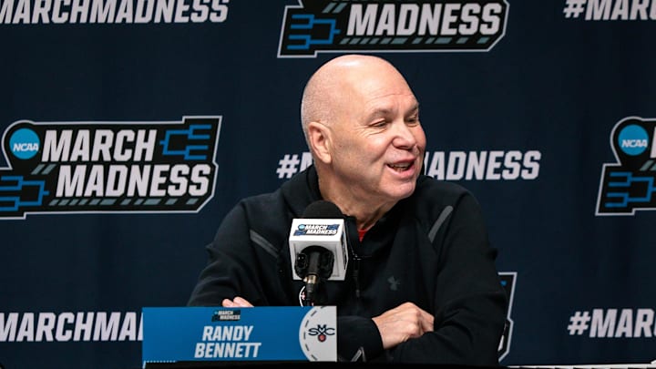 Mar 18, 2026; Oklahoma City, OK, USA; Saint Mary's Gaels head coach Randy Bennett gives an interview prior to a practice session ahead of the first round of the men's 2026 NCAA Tournament at Paycom Center. Mandatory Credit: William Purnell-Imagn Images