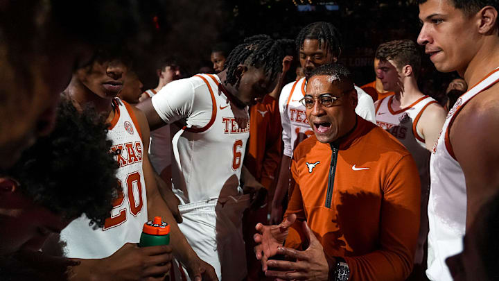 Texas Longhorns head coach Rodney Terry talks to his team ahead of the game against Georgia at the Moody Center on Saturday, March 1, 2025.