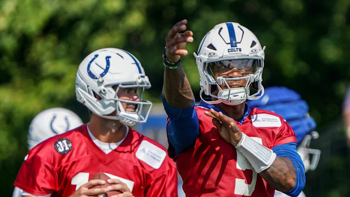 Indianapolis Colts players Daniel Jones (17) and Anthony Richardson Sr. (5) throw passes during the Colts training camp at Grand Park on Saturday, July 26, 2025, in Westfield, Ind. Indianapolis Colts players Daniel Jones (17) and Anthony Richardson Sr. (5) throw passes during the Colts training camp at Grand Park on Saturday, July 26, 2025, in Westfield, Ind.