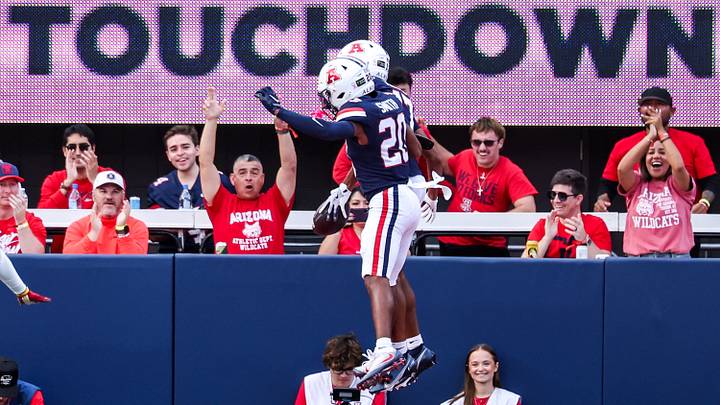 Oct 24, 2026; Tucson, Arizona, USA;  Arizona Wildcats wide receiver Isaiah Mizell (17) celebrates a touchdown during the first quarter against the Iowa State Cyclones at Casino Del Sol Stadium.