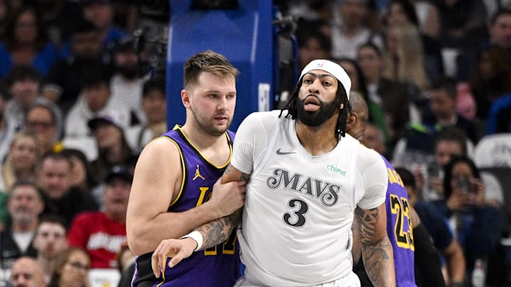 Apr 9, 2025; Dallas, Texas, USA; Los Angeles Lakers guard Luka Doncic (77) and Dallas Mavericks forward Anthony Davis (3) in action during the game between the Dallas Mavericks and the Los Angeles Lakers at American Airlines Center. Mandatory Credit: Jerome Miron-Imagn Images Apr 9, 2025; Dallas, Texas, USA; Los Angeles Lakers guard Luka Doncic (77) and Dallas Mavericks forward Anthony Davis (3) in action during the game between the Dallas Mavericks and the Los Angeles Lakers at American Airlines Center. Mandatory Credit: Jerome Miron-Imagn Images