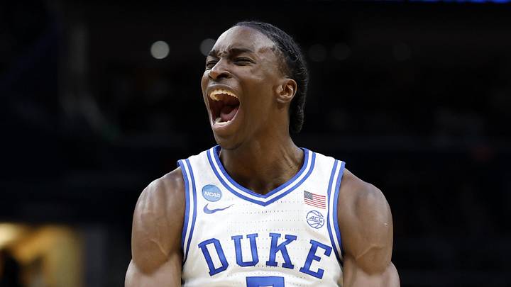 Mar 27, 2026; Washington, DC, USA; Duke Blue Devils guard Isaiah Evans (3) reacts after a basket against the St. John's Red Storm in the first half during a Sweet Sixteen game of the East Regional of the men's 2026 NCAA Tournament at Capital One Arena. Mandatory Credit: Amber Searls-Imagn Images Mar 27, 2026; Washington, DC, USA; Duke Blue Devils guard Isaiah Evans (3) reacts after a basket against the St. John's Red Storm in the first half during a Sweet Sixteen game of the East Regional of the men's 2026 NCAA Tournament at Capital One Arena. Mandatory Credit: Amber Searls-Imagn Images