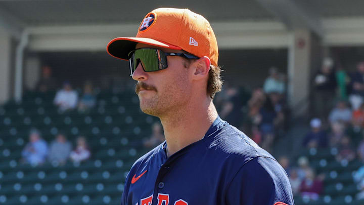 Feb 26, 2024; Lakeland, Florida, USA; Houston Astros designated hitter Jacob Melton (76) walks on the field before the game against the Detroit Tigers at Publix Field at Joker Marchant Stadium. 
