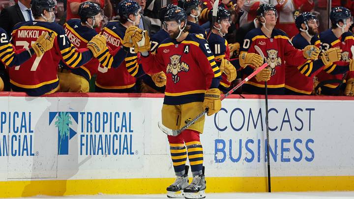 Jan 4, 2026; Sunrise, Florida, USA; Florida Panthers defenseman Aaron Ekblad (5) celebrates after scoring against the Colorado Avalanche during the second period at Amerant Bank Arena. Mandatory Credit: Sam Navarro-Imagn Images