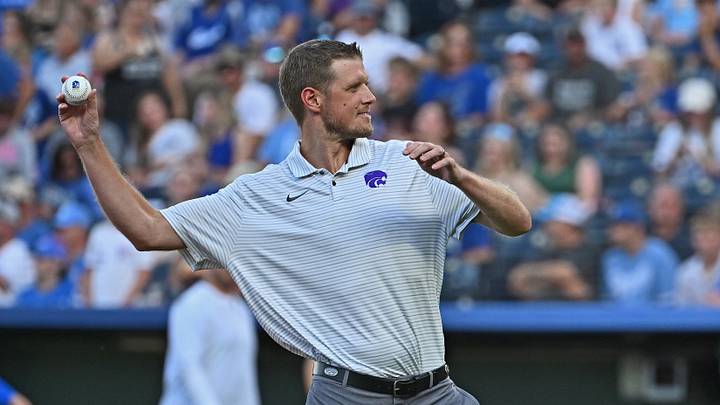 Jul 17, 2026; Kansas City, Missouri, USA; Kansas State Wildcats head football coach Collin Klein throws out the first pitch, before a game between the Kansas City Royals and San Diego Padres at Kauffman Stadium. Mandatory Credit: Peter Aiken-Imagn Images Jul 17, 2026; Kansas City, Missouri, USA; Kansas State Wildcats head football coach Collin Klein throws out the first pitch, before a game between the Kansas City Royals and San Diego Padres at Kauffman Stadium. Mandatory Credit: Peter Aiken-Imagn Images